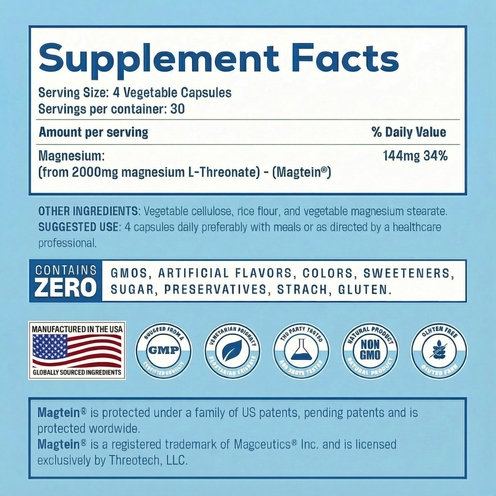 Magnesium L Threonate (Magtein) – 100 Vegan Capsules – Non-GMO UltraPure