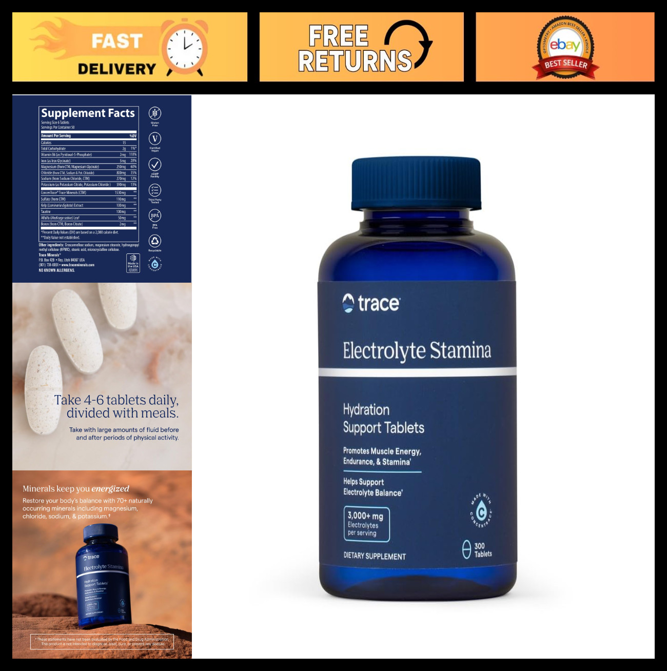 Electrolyte Stamina Tablets 300ct | Ionic Trace Minerals, Potassium for Recovery