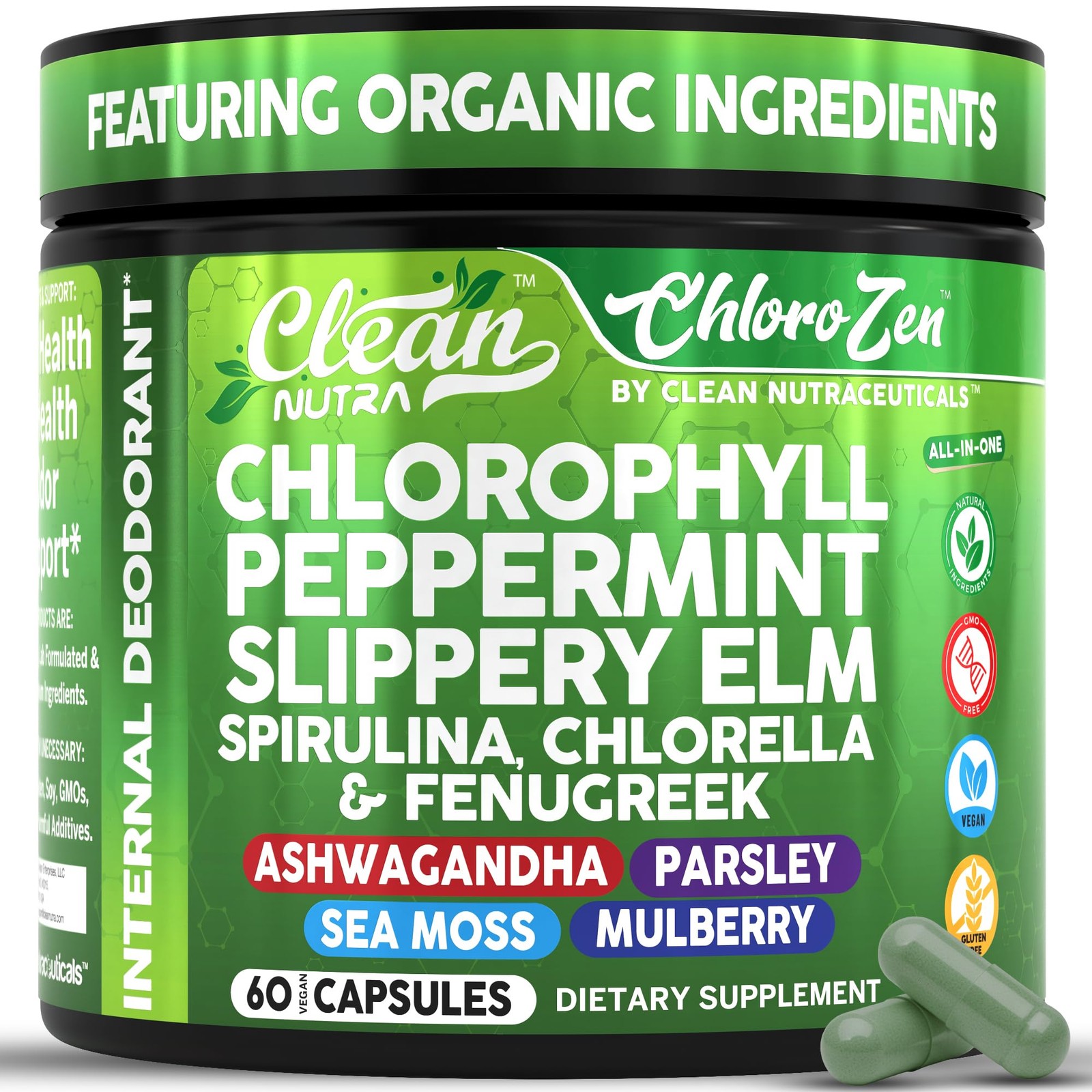 Clean Nutra ChloroZen Chlorophyll Peppermint + Spirulina 60 Caps Veg Exp 05/2028