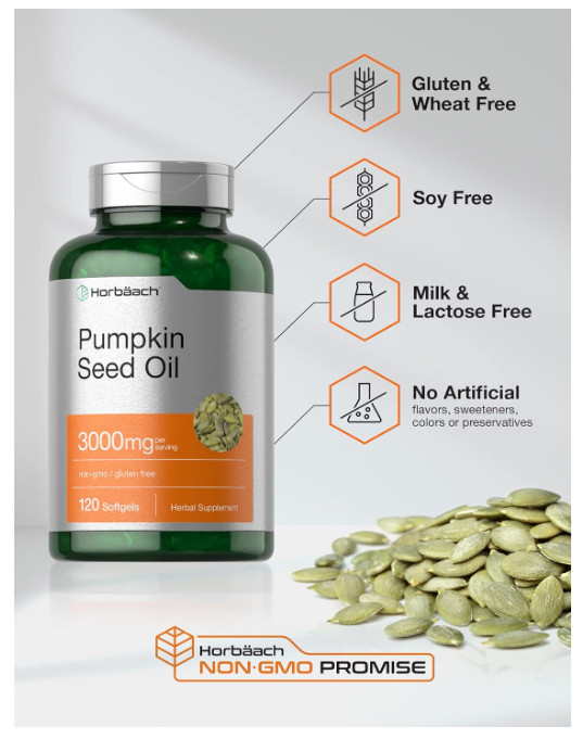 Pumpkin Seed Oil Capsules | 3000mg | 120 Softgels | Cold Pressed | by Horbaach