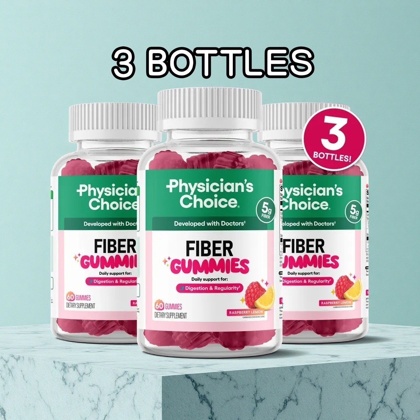 3 BOTTLES Physician’s Choice Fiber Gummies: Digestive Health & Regularity NEW