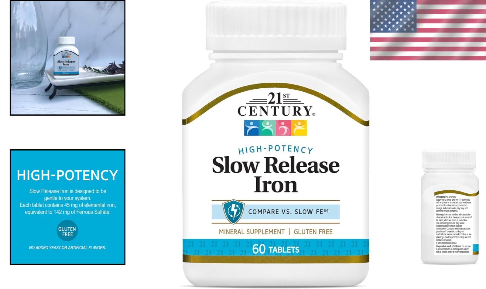Slow Release Iron Tablets 60 Count Pack of 3 Gluten Free Iron Supplement