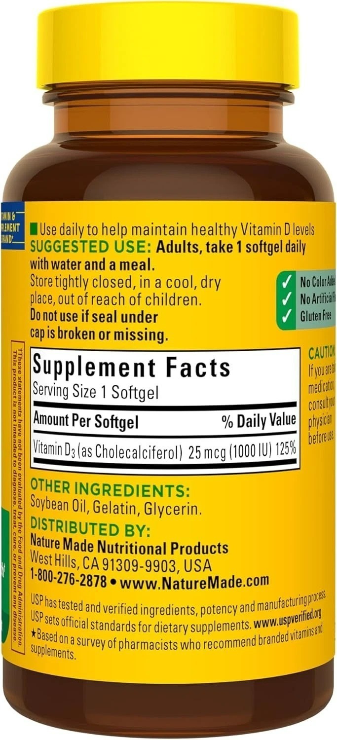 Nature Made Vitamin D3 1000 IU (25 mcg), Vitamin D Supplement for Health Support
