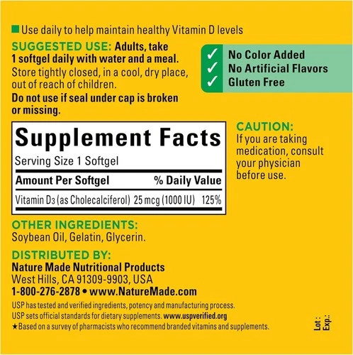 Nature Made Vitamin D3 1000 IU (25 mcg),300 Softgels, 300 Day Supply