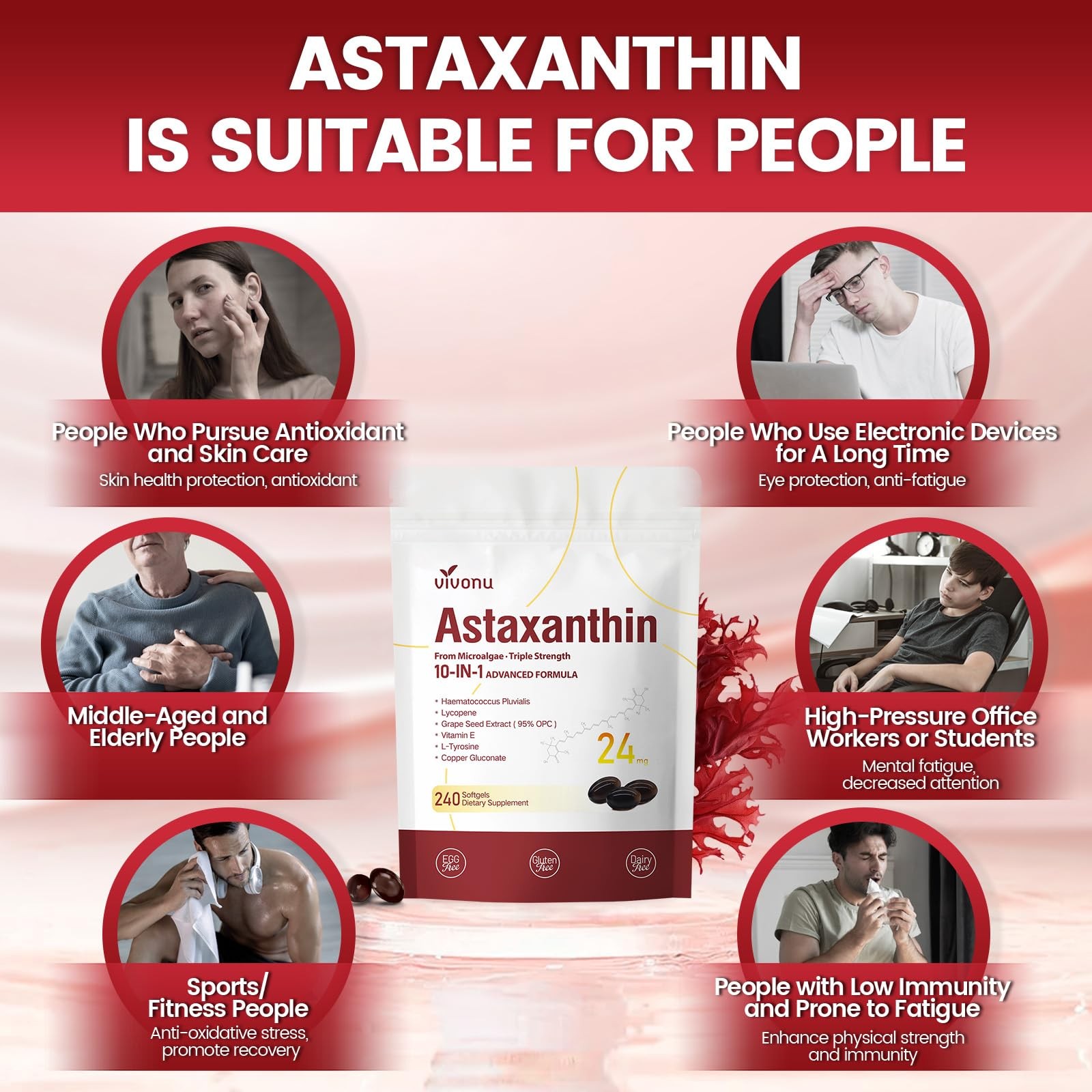 10 in 1 Astaxanthin 1 Count (Pack of 1), 24mg | 1 Bag | 240 Softgels
