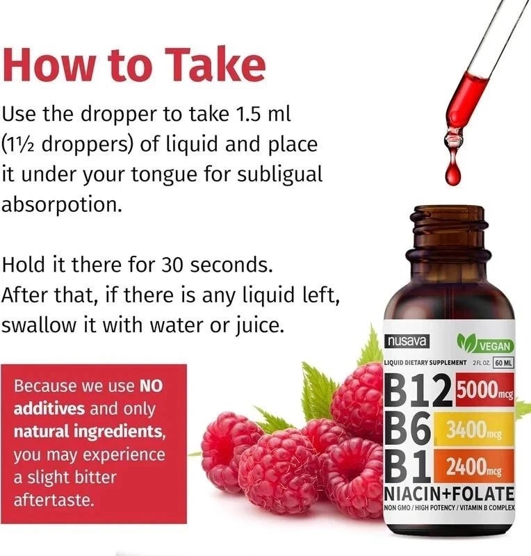 (2-Pack) Nusava B12 Drops 5000mcg – Vegan Liquid Supplement – Raspberry