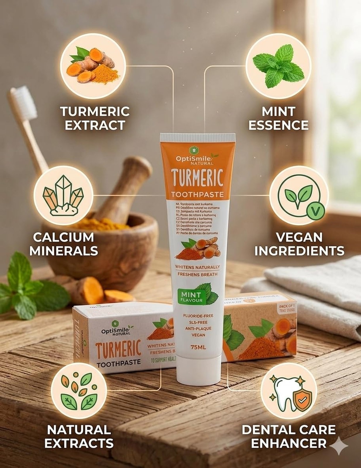 Turmeric Natural White Vegan Fluoride-Free SLS-Free Mint Flavor Anti-Plaque T…
