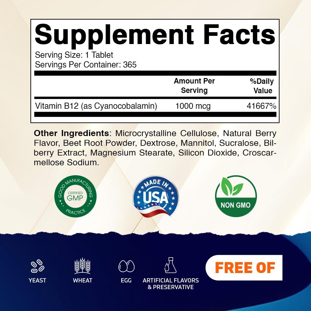 Vitamatic Vitamin B12 1000 mcg Fast Dissolve 365 Count (Pack of 1), No Color