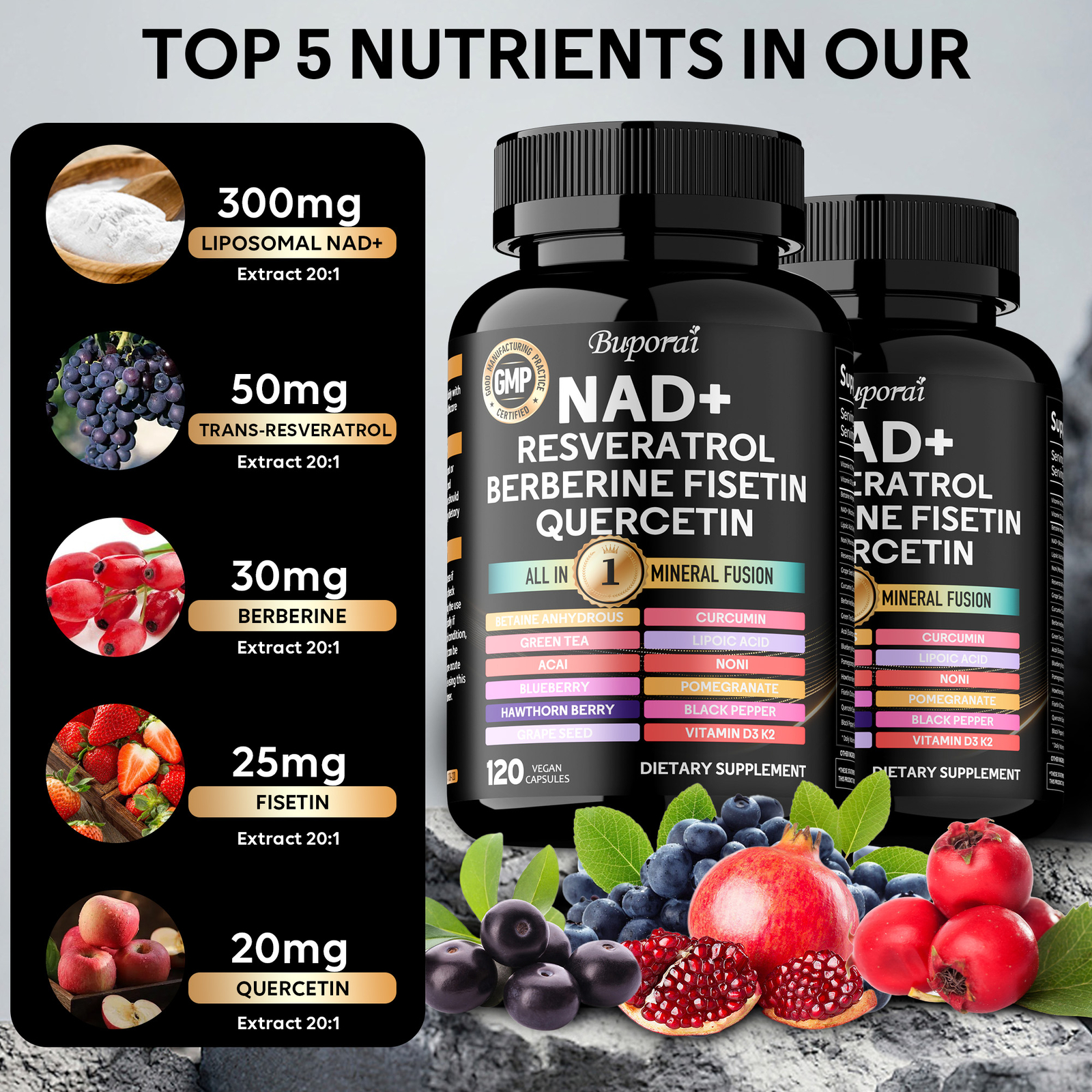 NAD+, Trans-Resveratrol, Quercetin, Berberine, Grape Seed, Hawthorn, Anti-Aging