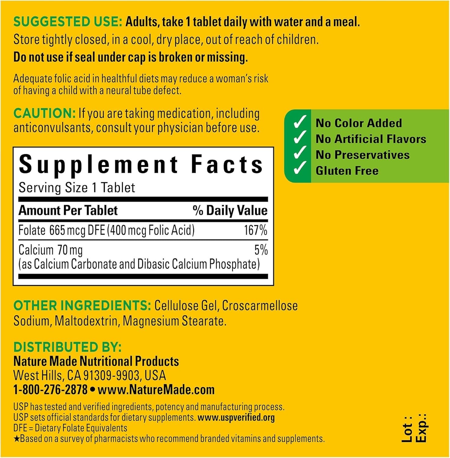 Nature Made Folic Acid 400 mcg (665 mcg Dfe) 250 Tabs
