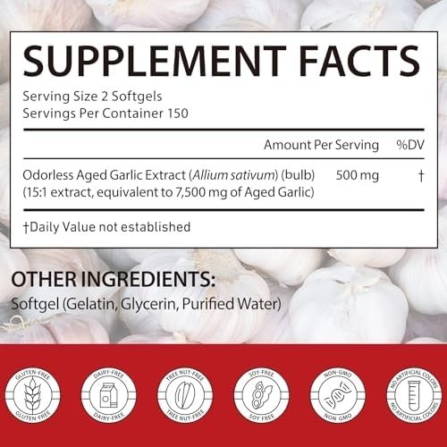 Odorless Garlic 7500Mg per Servings, 300 Softgels | 2 Years Aged Garlic Extra…