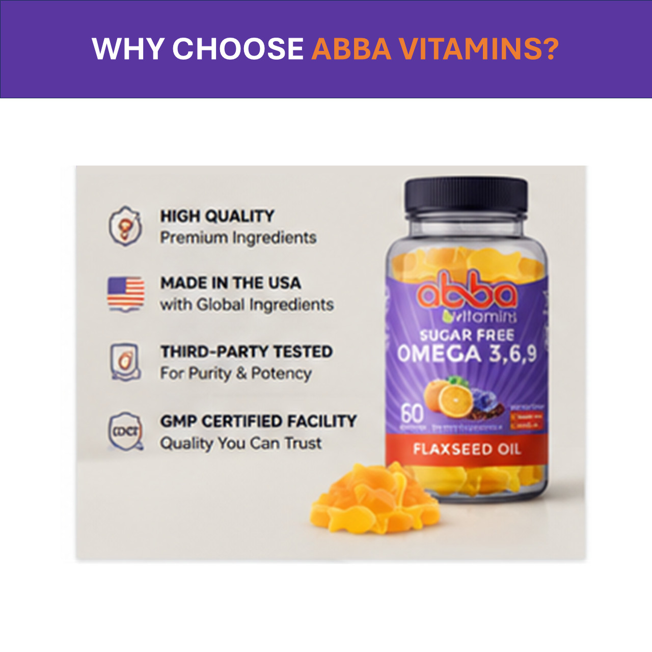 Abba Vitamins Omega Gummy Natural Flavors & color Flaxseed Oil based Star Kosher