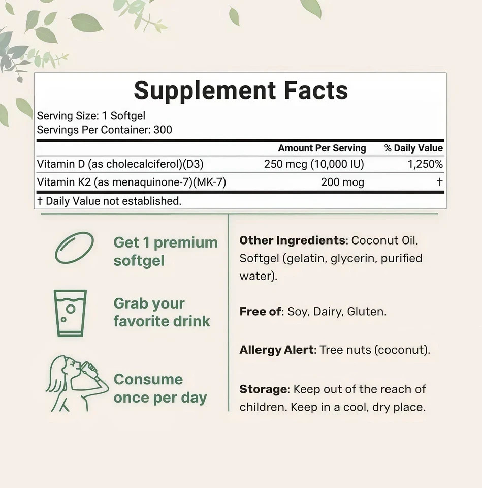 Vitamin D3 10000 iu Plus K2 (MK-7) 200 mcg, 300 Virgin Coconut Oil Softgels