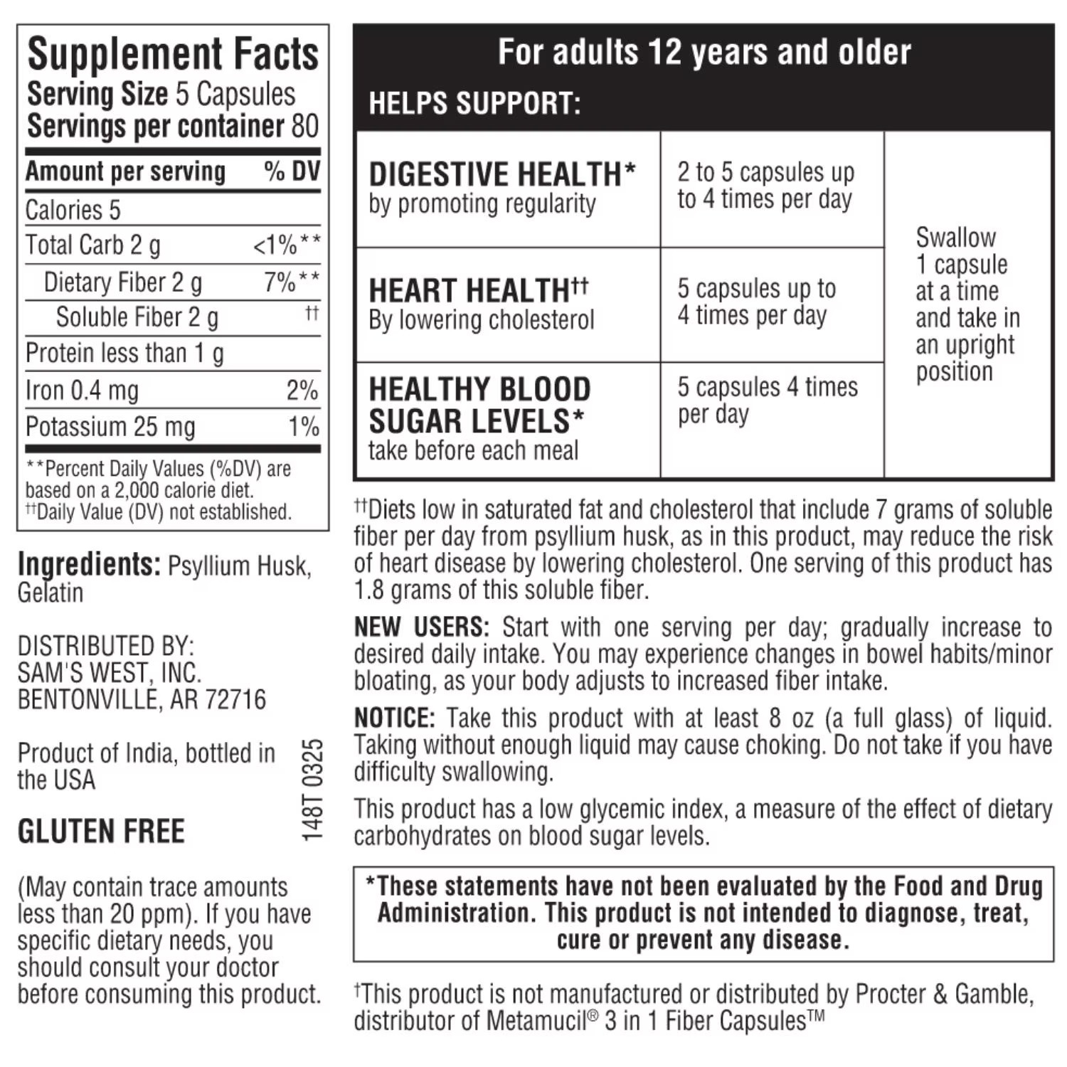 2 Pack – Member’s Mark Fiber Capsules 100% Psyllium 400 ct (Total 800)