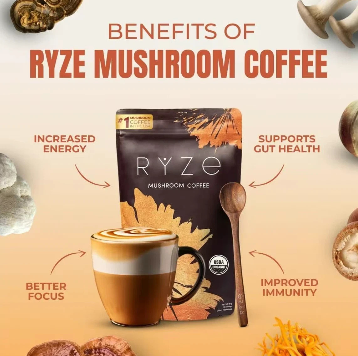 RYZE Mushroom Coffee USDA Organic with 6 Adaptogenic Mushrooms 30 servings New