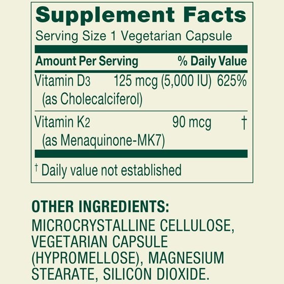 Spring Valley Vitamin K2 90 Mcg + D3 125 Mcg Vegetarian Capsules, 90 Count