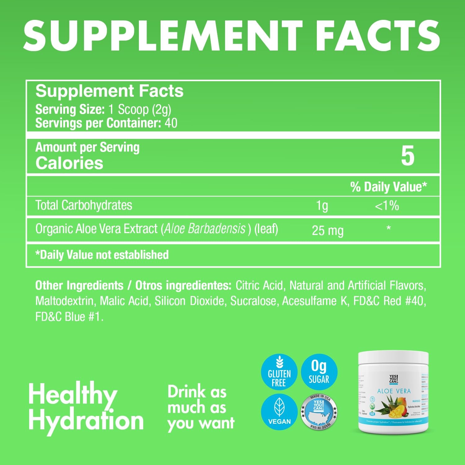 Yes You Can! Aloe Vera Powder Drink Mix – Hydration Booster Infused with Pure