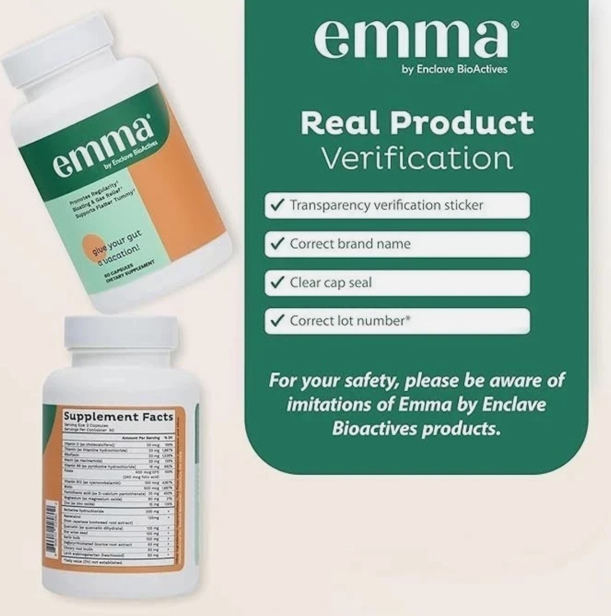 3 Bottle Emma Gut Health Supplement 180 Capsules for Bloating Relief & Leaky Gut