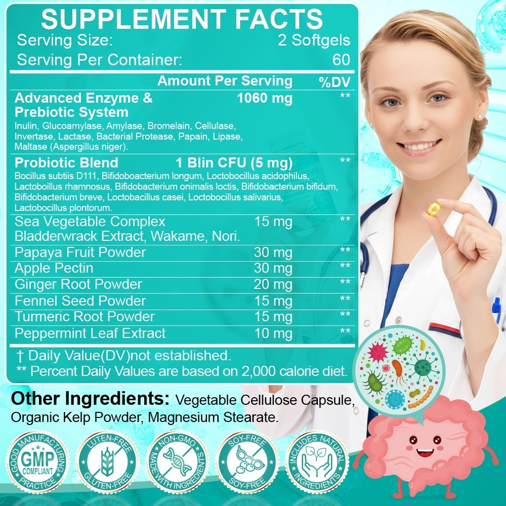 Digestive Enzymes Prebiotic & Probiotics Gas, Constipation & Bloating Relief 120