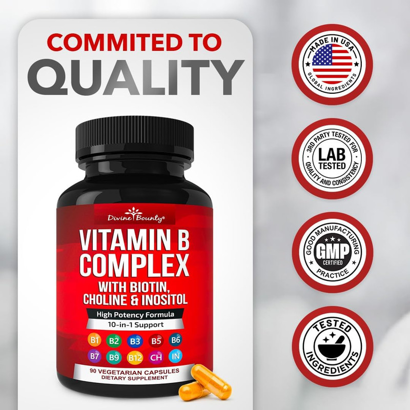 Divine Bounty Super B Complex Vitamins W/ B12 B1 B2 B3 B5 B6 B7 B9 90 Capsules
