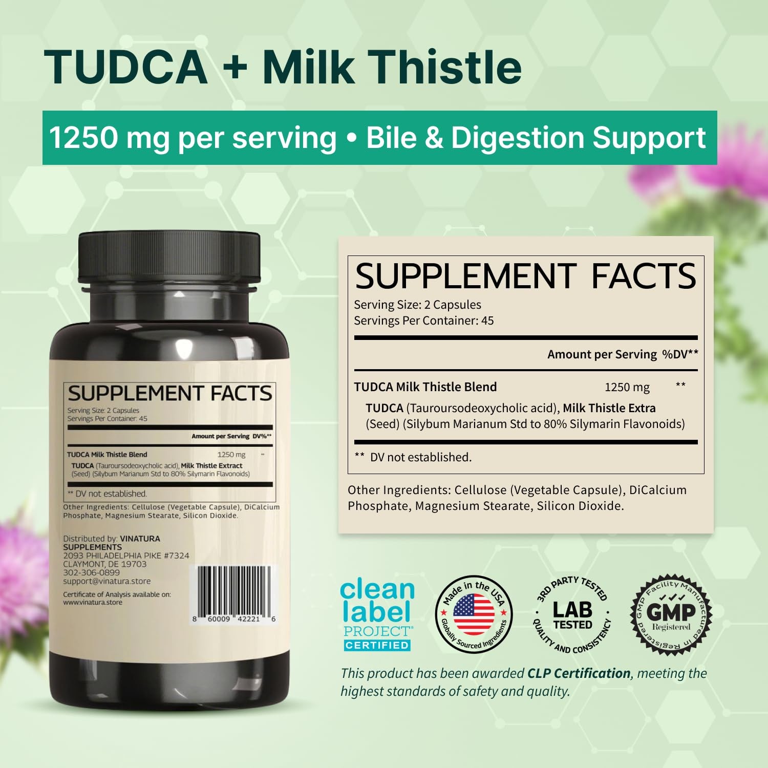VINATURA TUDCA Milk Thistle 1250mg – Tudca Supplement, Tudca Bile Salts, Liver S