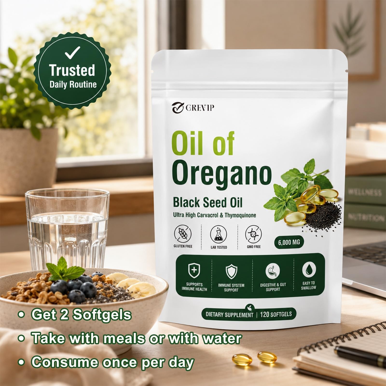 GREVIP Oil of Oregano Softgels with Black Seed Oil, 2 in 1 Count (Pack 1)
