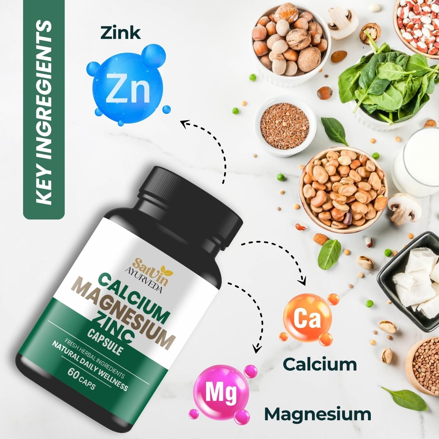 SATV.IN Ayurveda Calcium Magnesium Zinc 60 Veg Capsules