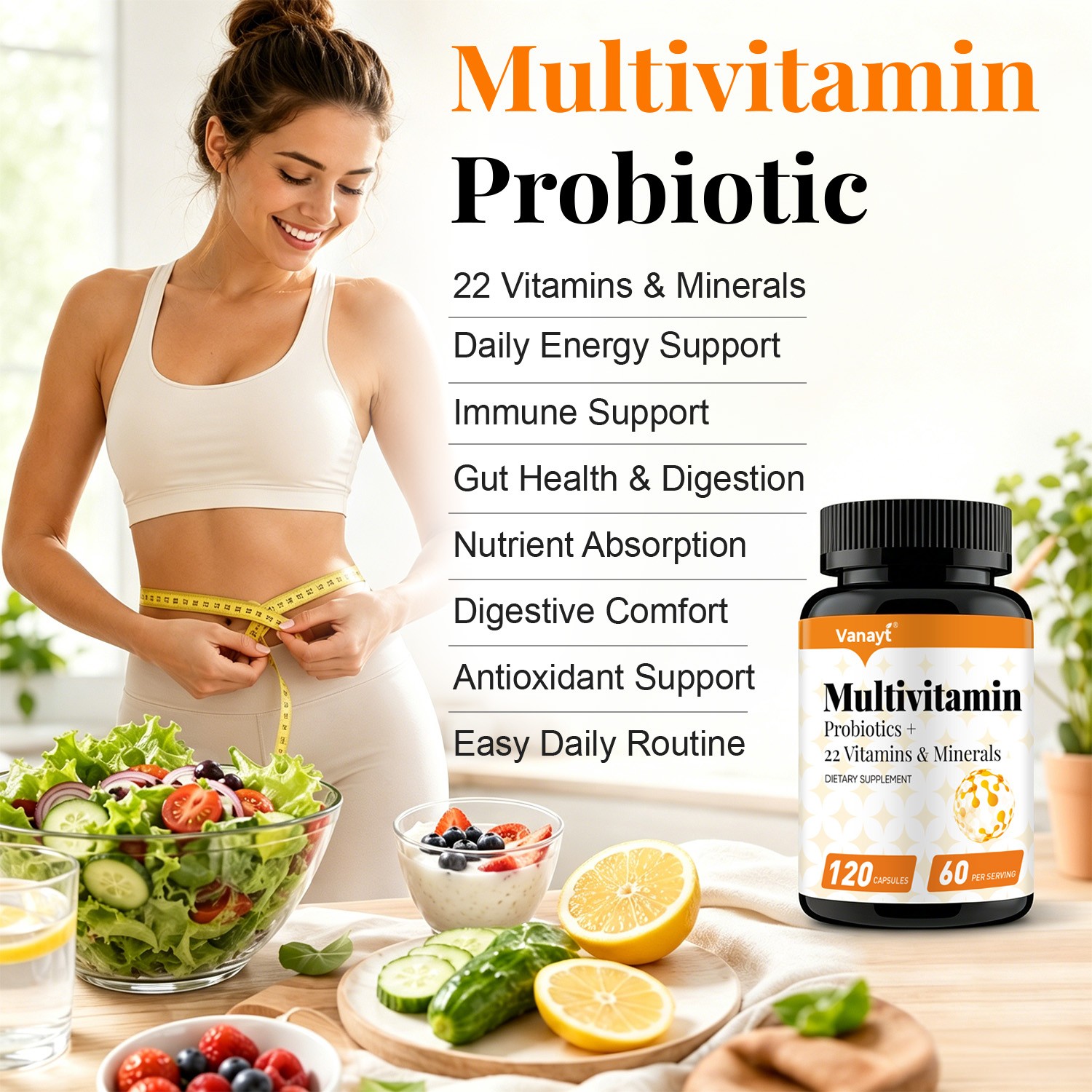 Multivitamin with Probiotics & Minerals Daily Energy Gut Immune Support 120p
