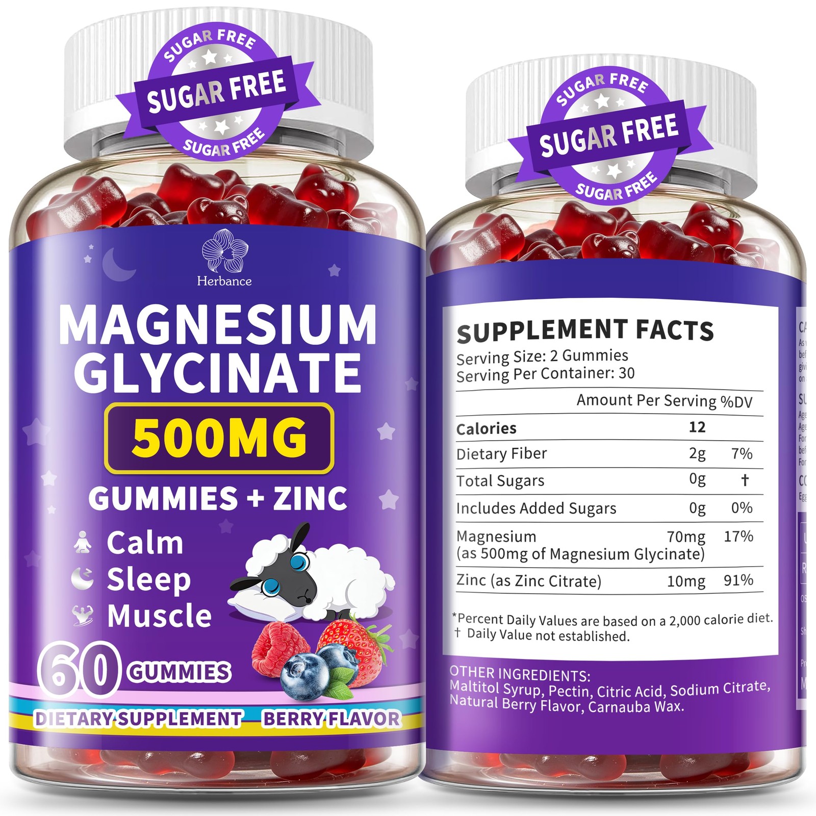 （2 Packs） Magnesium Glycinate 500mg with Zinc Gummies, 60 Count (Pack of 2)