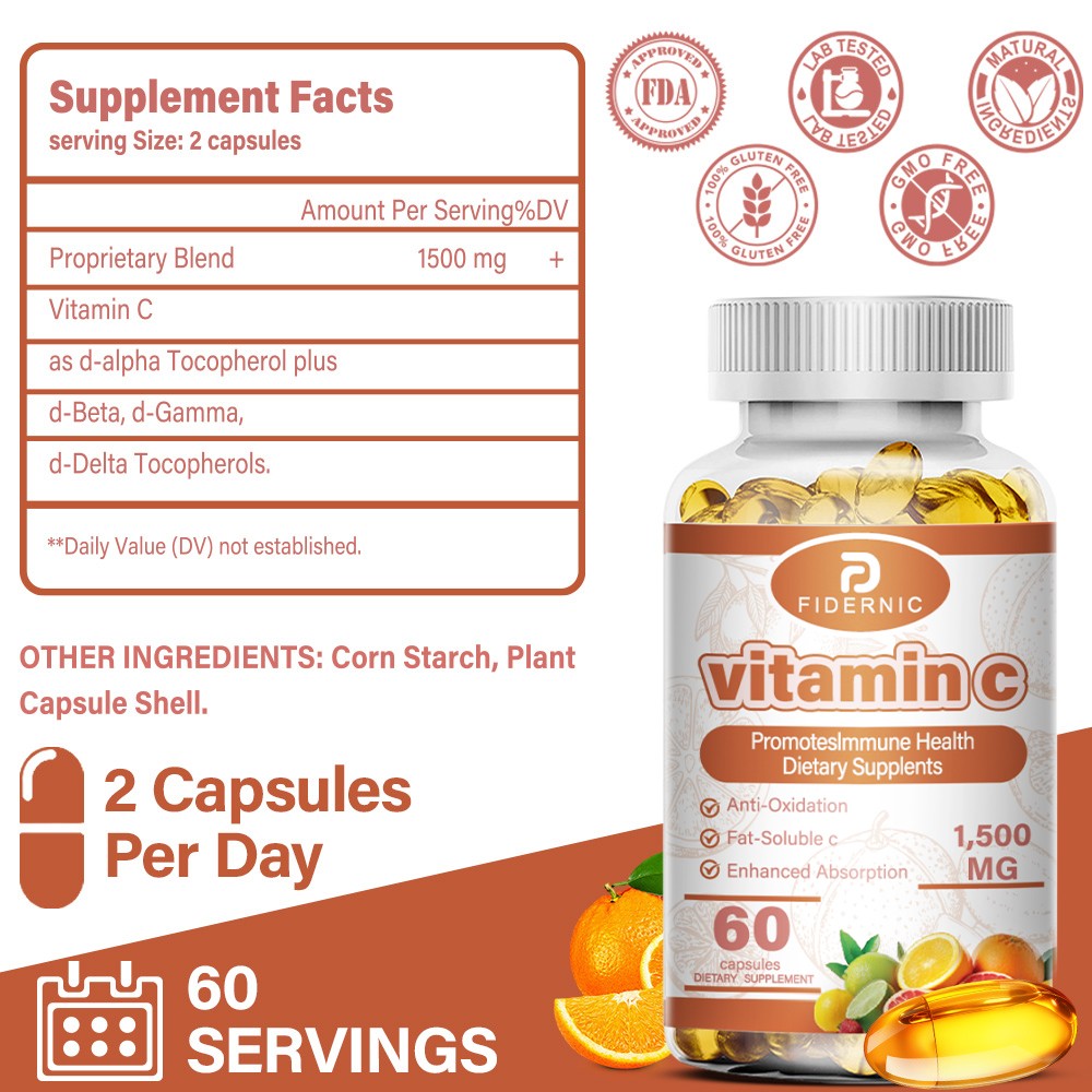 1500mg Vitamin C Capsules Powerful Antioxidant Supports Immune System Health