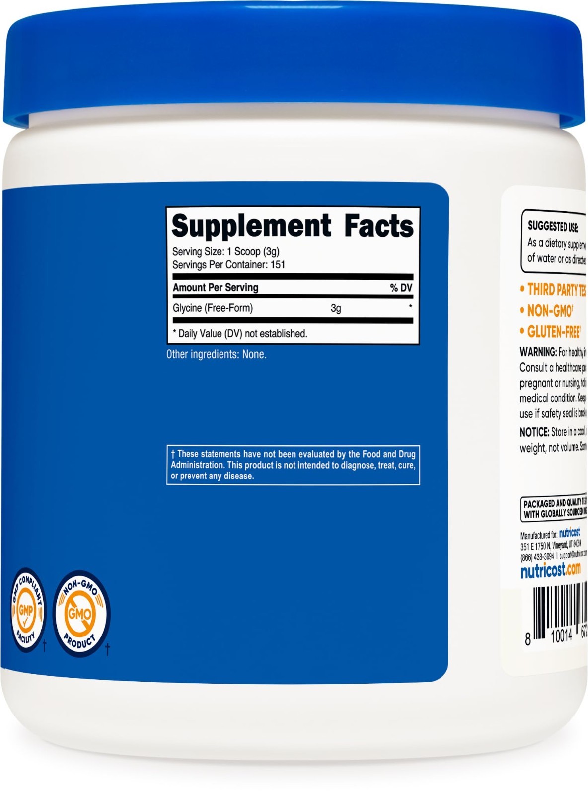 Glycine Powder 1lb – Non-GMO, Gluten Free, Pure Amino Acid Supplement for Muscle