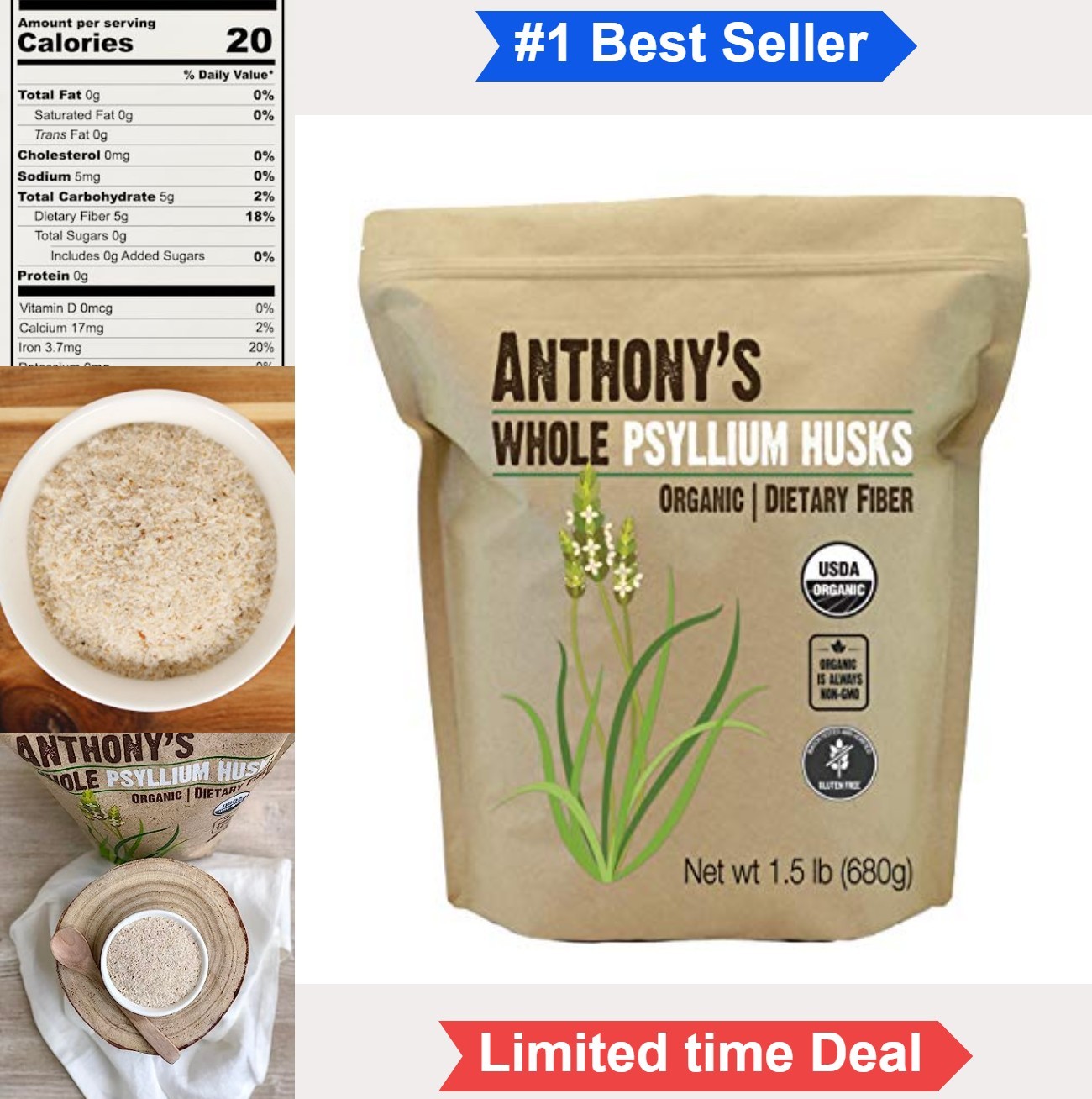 Organic Whole Psyllium Husks 1.5 lb Dietary Fiber Gluten Free Non GMO Keto