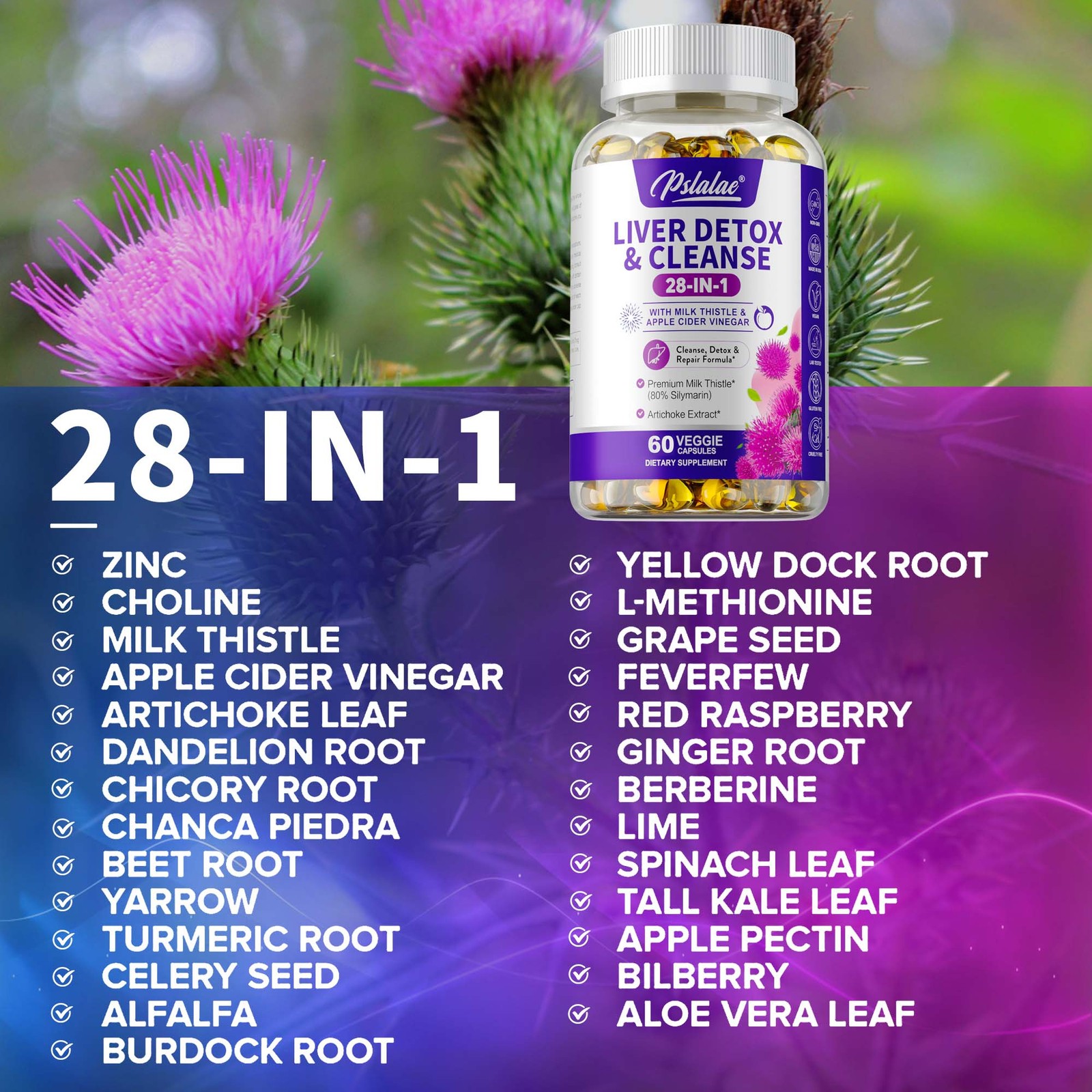 28-In-1 Liver Detox & Cleanse 1430mg – Milk Thistle, Dandelion, Kidney Support