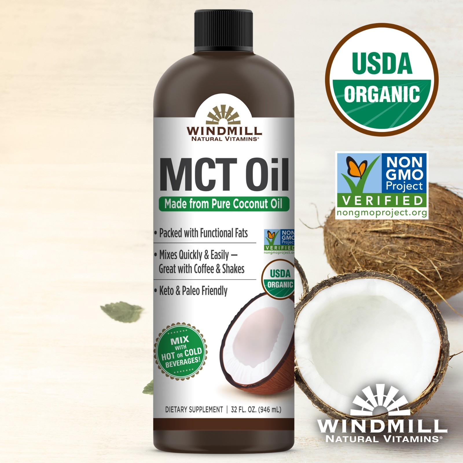 Windmill USDA Organic MCT Oil, 32 Fluid Ounces – Fresh – Free Shipping!