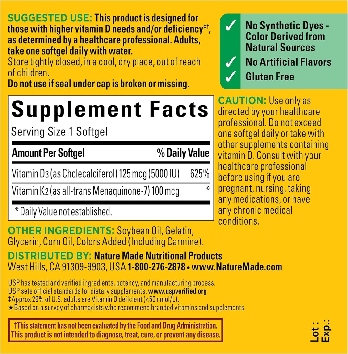 Nature Made Vitamin D3 + K2 5000 IU 30 Softgels Bone Immune Support