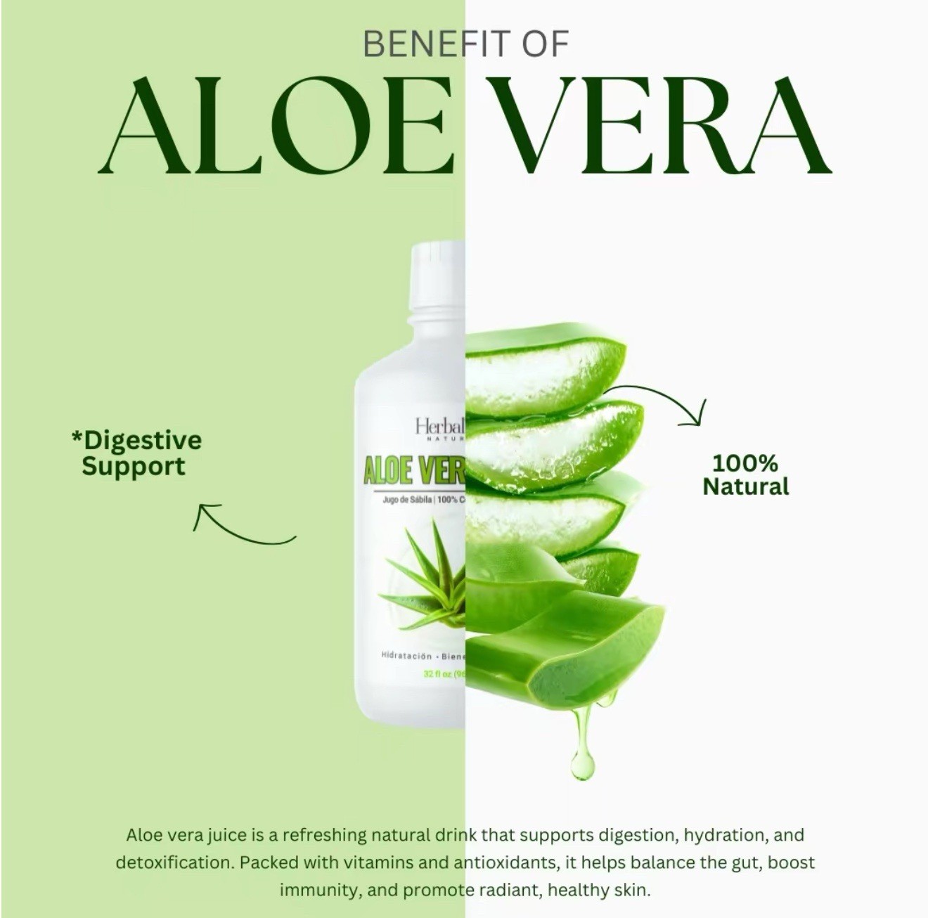 Aloe Vera Juice – 32 fl oz – Unflavored Drink 100% concentrated Jugo de Sabila