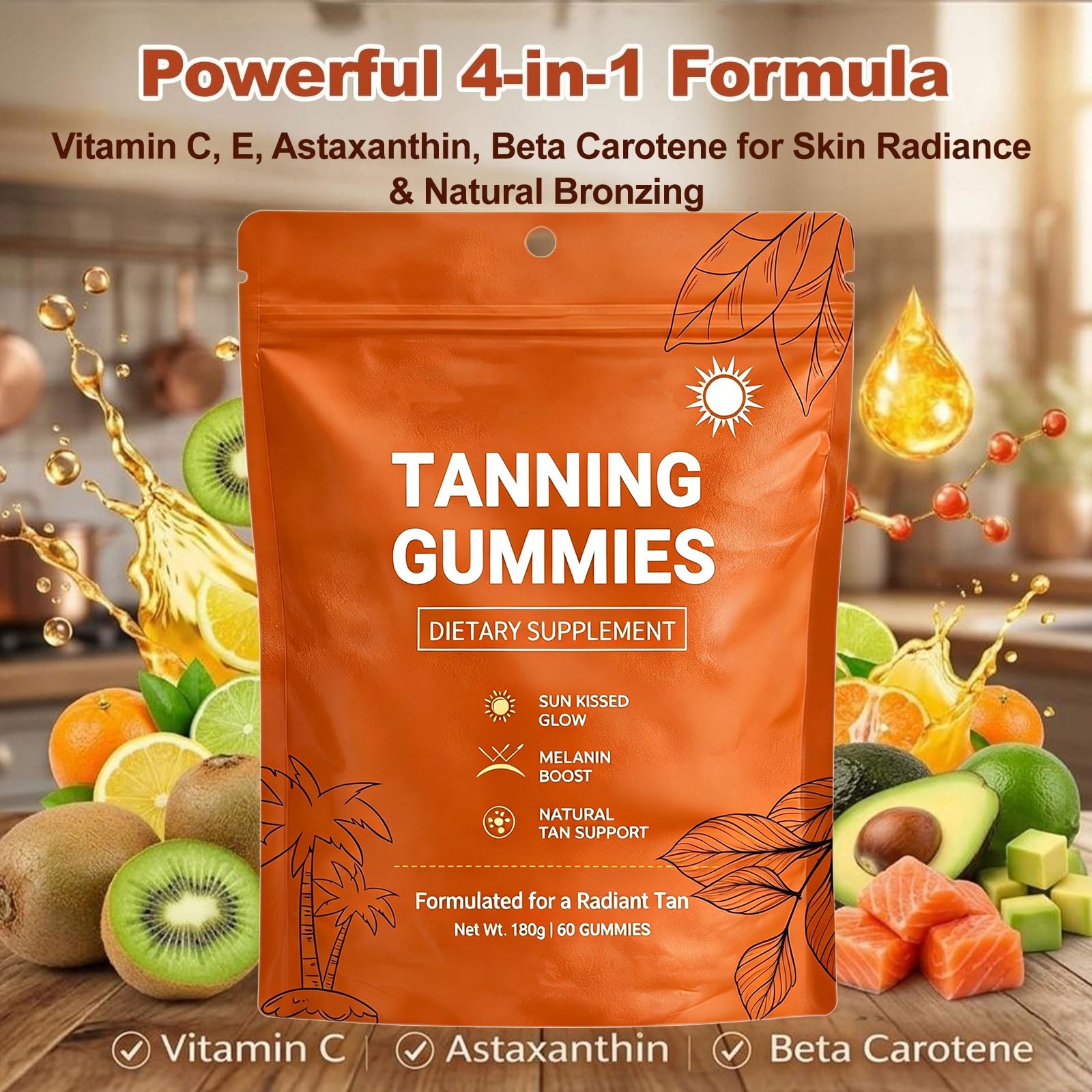 60pcs/bag Natural Daily Tanning Gummies Sunless Tan & Skin Glow Supplement