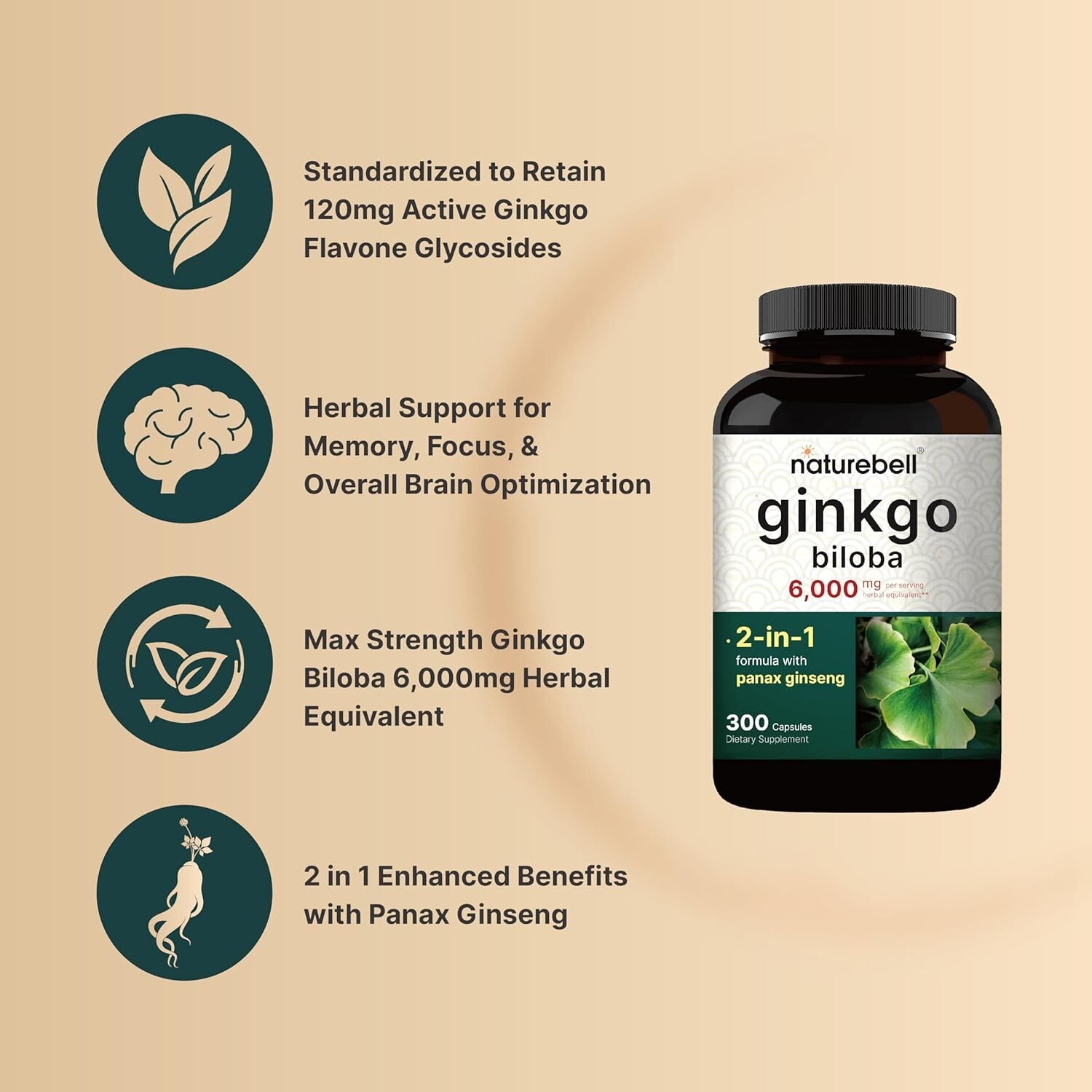 Ginkgo Biloba 6000mg w/ Red Panax Ginseng for Memory Focus Brain Health 300 Caps
