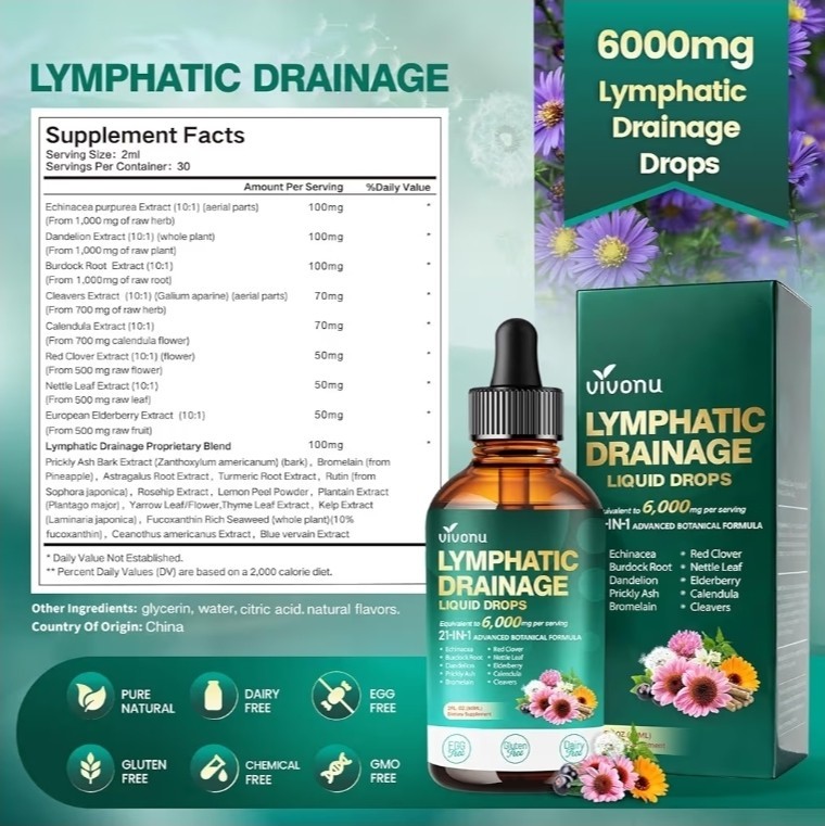 21-in-1 Lymphatic Drainage Drops Liposomal Immune Support Echinacea Turmeric 2oz