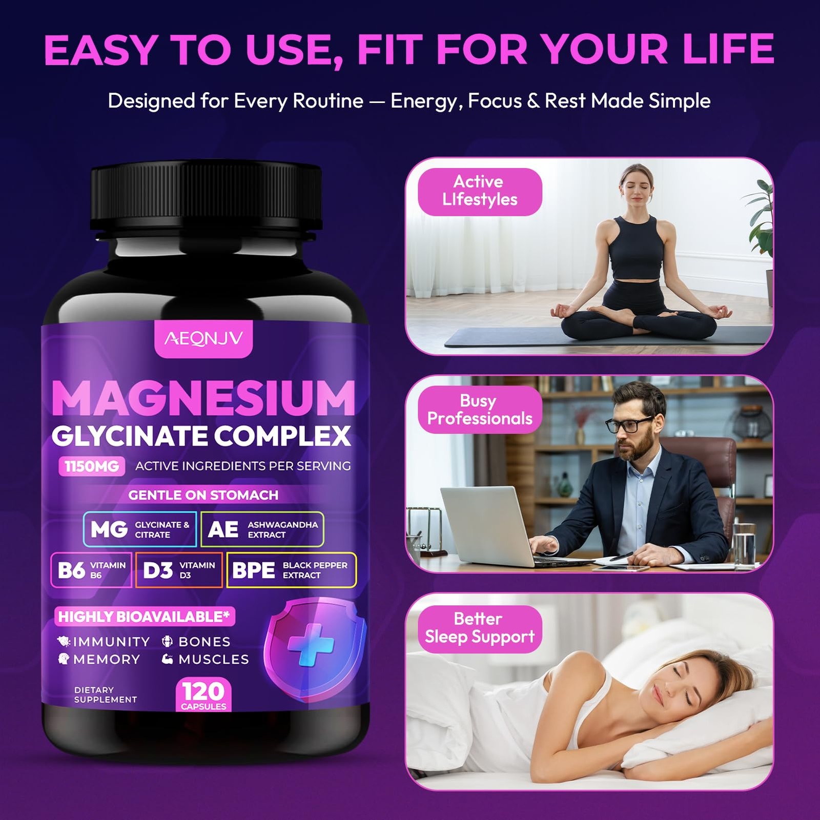 Magnesium Glycinate Complex 1150mg – Gentle on Stomach 120 Count (Pack of 1)