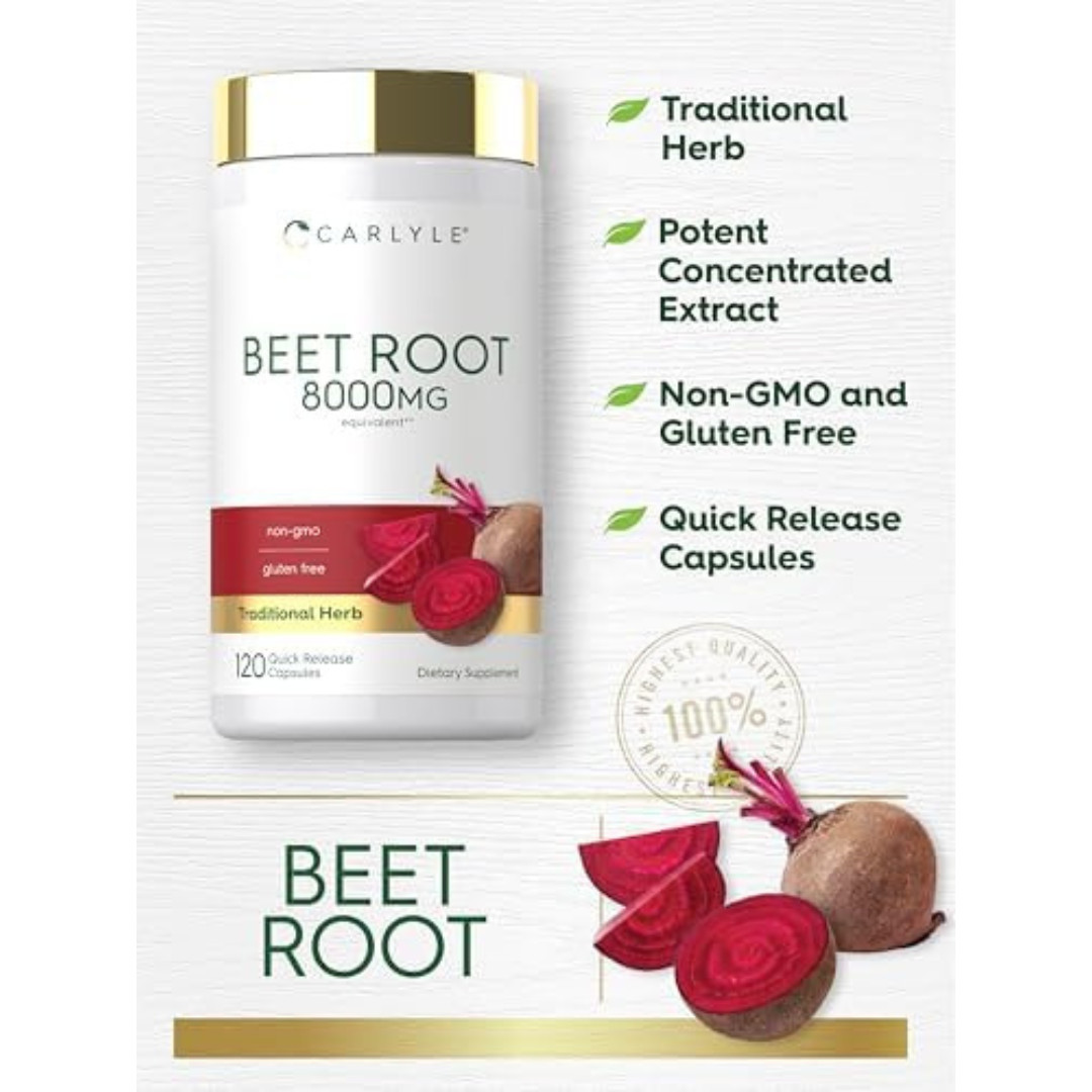 Beet Root Capsules | 8000mg | 120 Count | Non-GMO, Gluten Free | by Carlyle