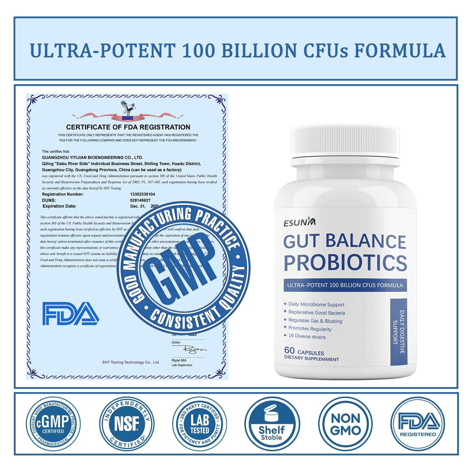 ESUNM Gut Balance Probiotics – For Digestive & Gut Health Supplement – 60ct