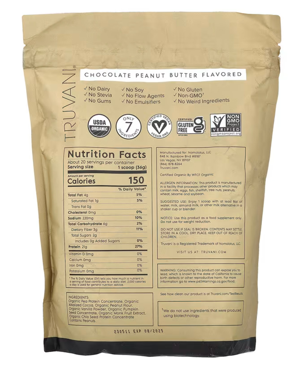 Truvani plant based protein Chocolate Peanut Butter 730grams (1.61lbs) LARGE BAG