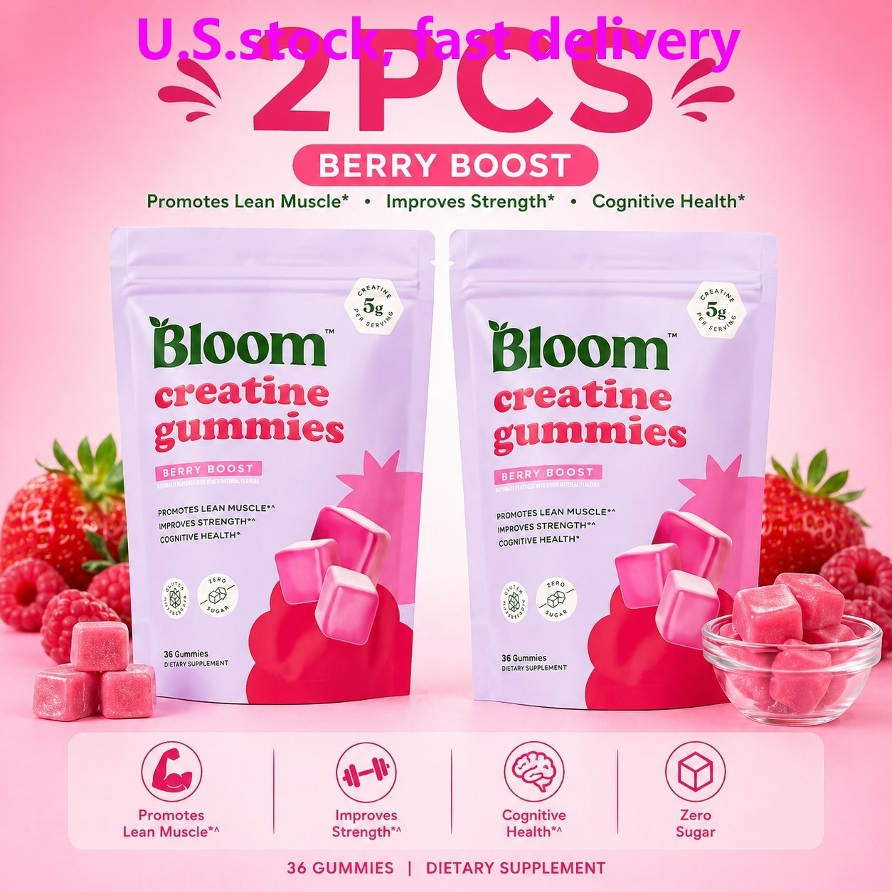 Bloom Sugar Free Creatine Gummies 10g Monohydrate for Strength,Berry,72 Gummies