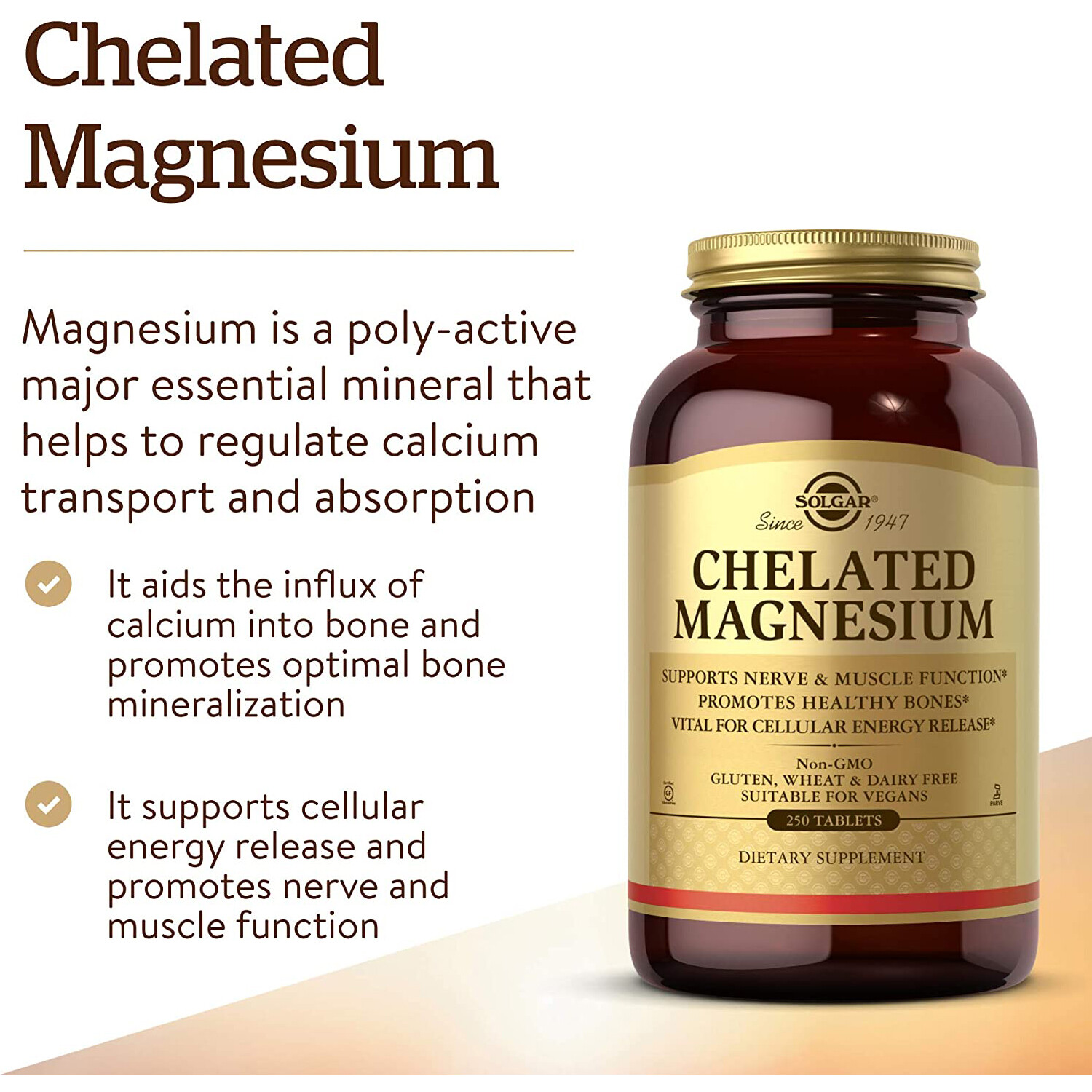 Solgar Chelated Magnesium, Non-GMO, Vegan, Gluten Free, Dairy Free, 250 Tablets