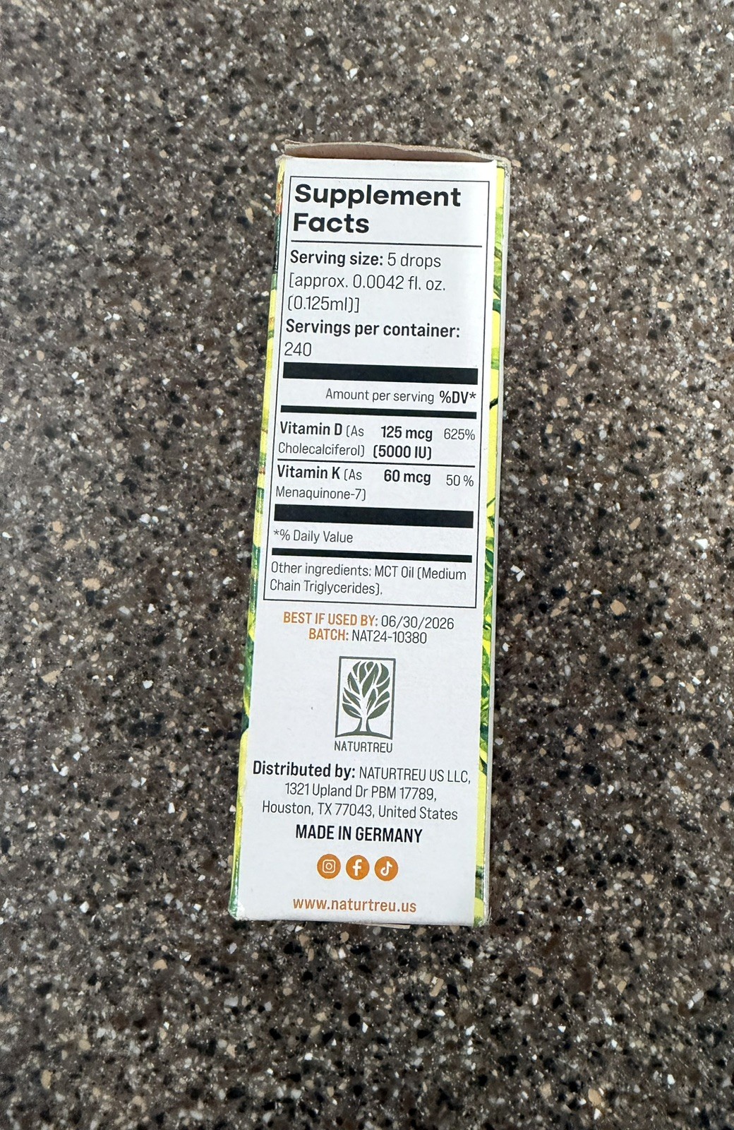 Naturtreu D3 + K2 5000 IU 1200 Drops Plus Vegan Gluten Free Dairy Free