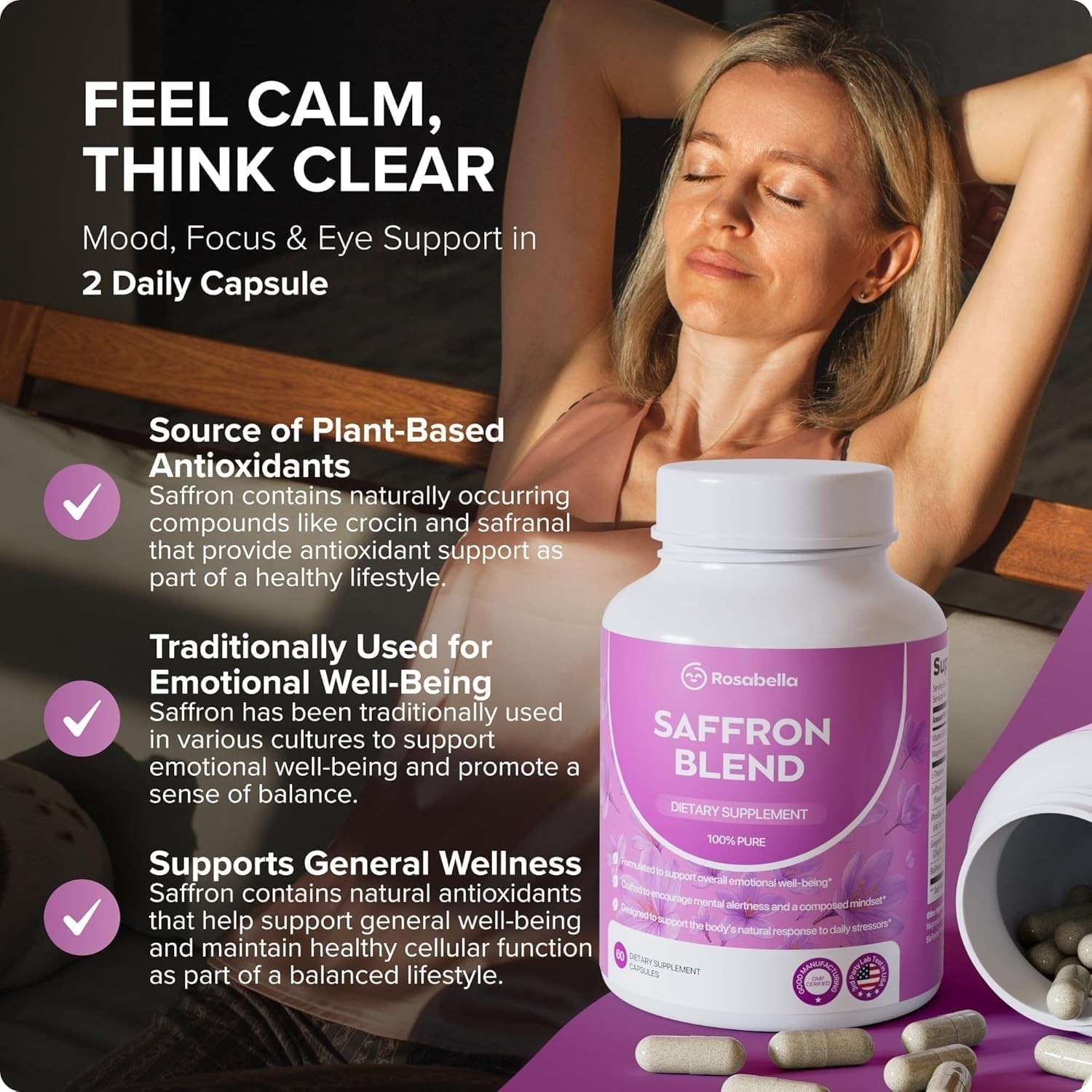 Rosabella Saffron Blend – 3-Pack (180 Caps) – Mood & Focus, Non-GMO