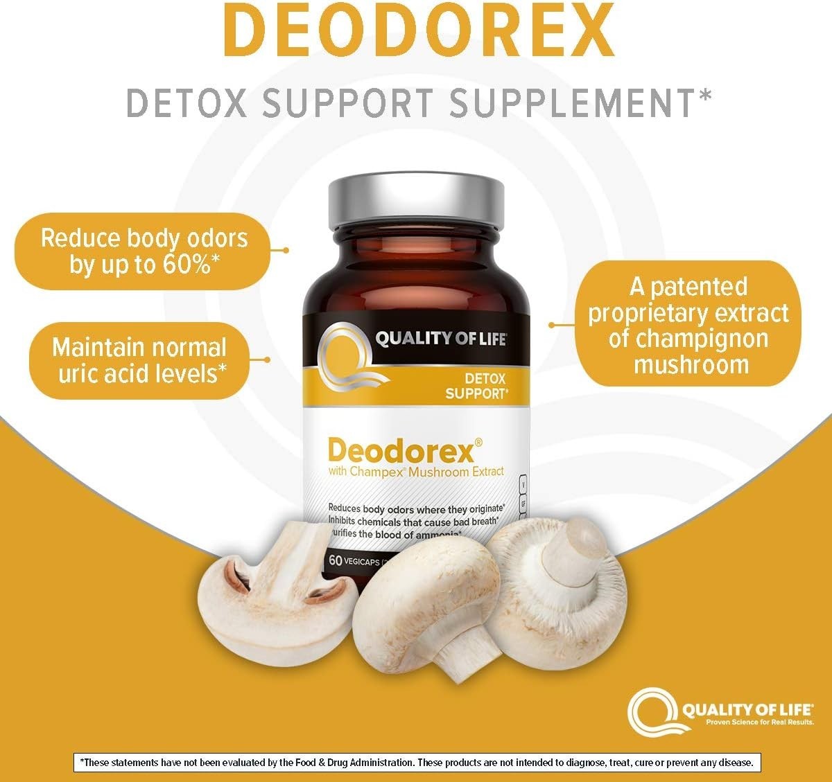 Mushroom Extract Detox Support for Odor Elimination, 60 Easy-to-Swallow Capsules