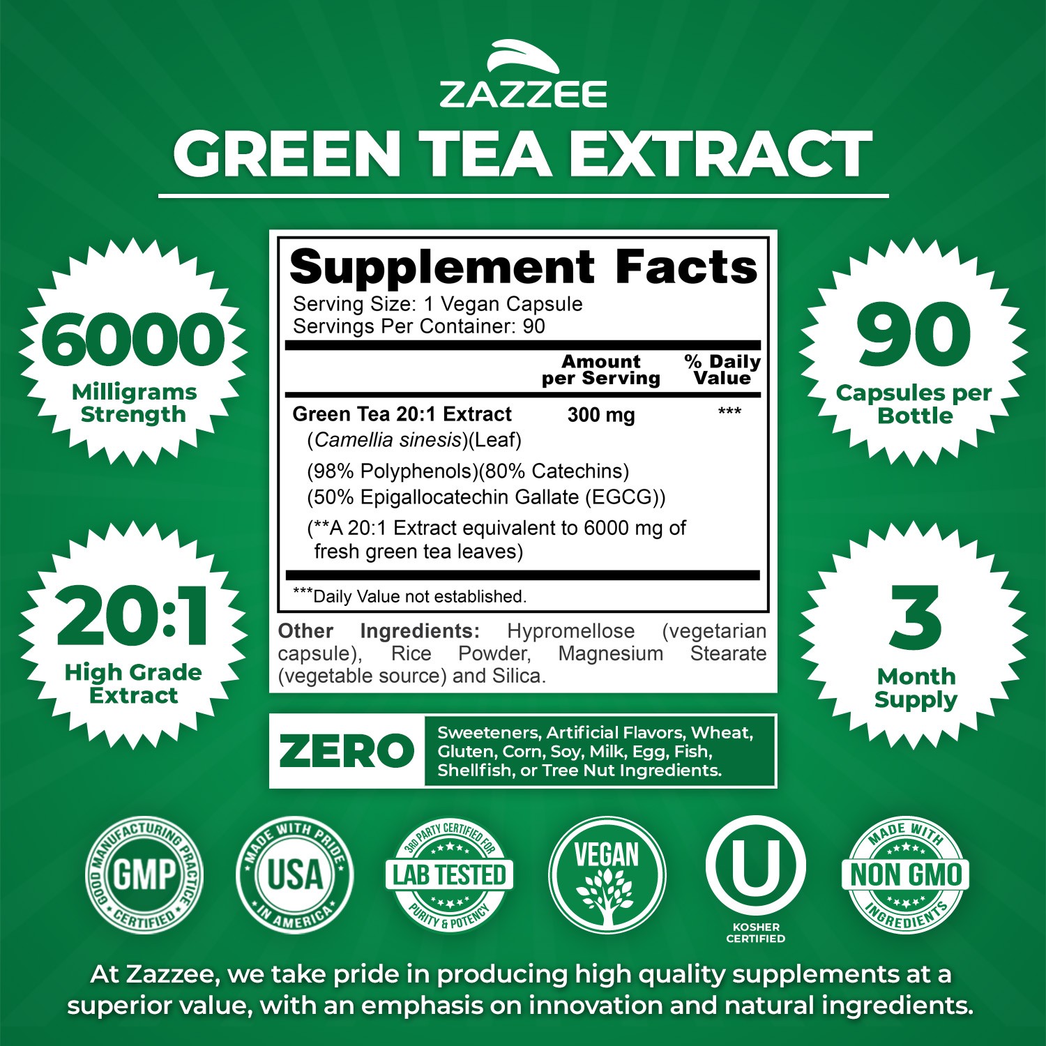 Zazzee Extra Strength Green Tea 20:1 Extract, 6000 mg Strength, 50% EGCG