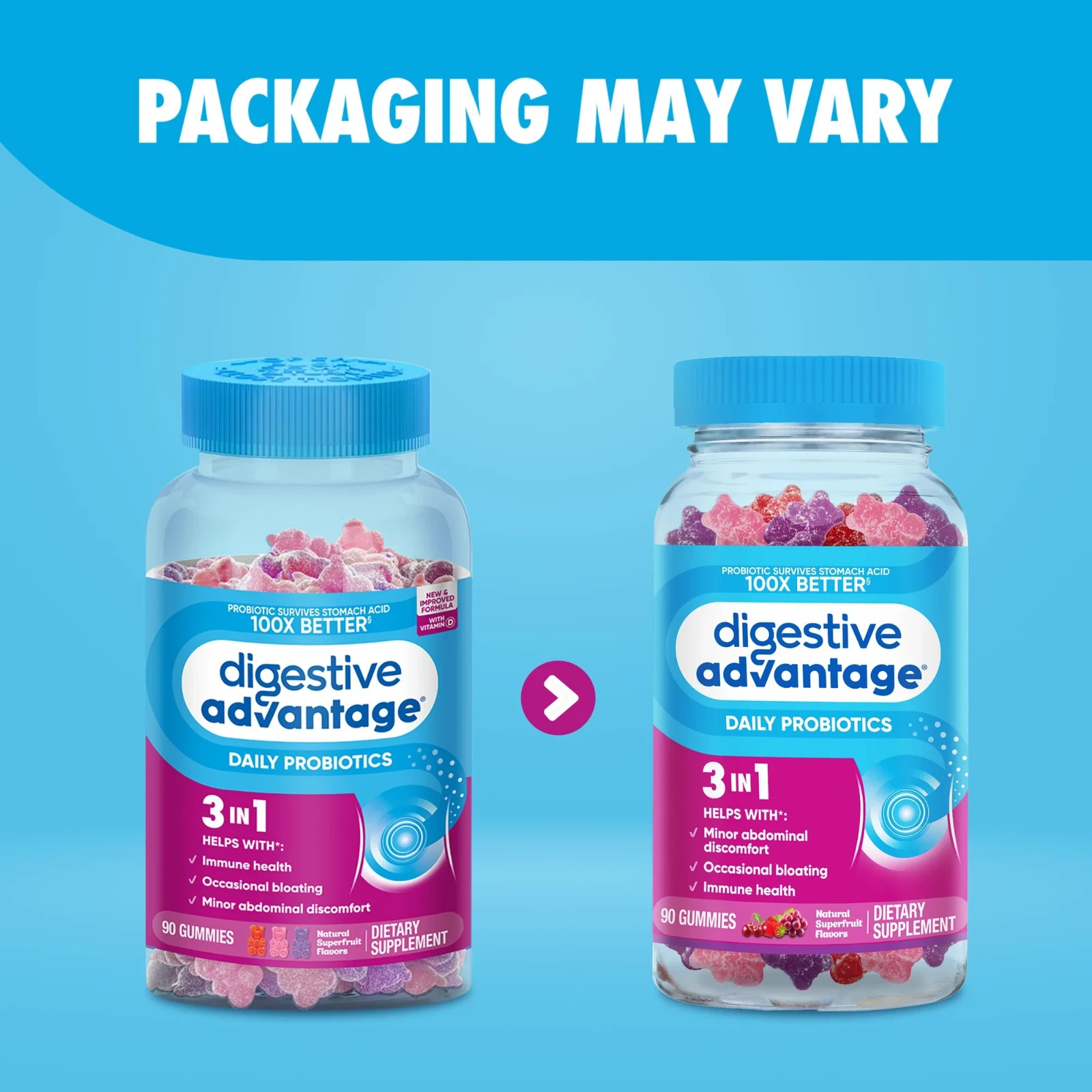 Pack of 2 Digestive Advantage Daily Probiotics 3 in 1 90 Gummies Exp 9/2026